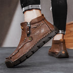 Men's Top-Quality Motorcycle Boots Hand-Stitched Genuine Leather Boots-Wide Toe, Waterproof, Anti-Slip, Anti-Sprain, Suitable for Work, Driving, Hiking