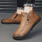 Men's Top-Quality Motorcycle Boots Hand-Stitched Genuine Leather Boots-Wide Toe, Waterproof, Anti-Slip, Anti-Sprain, Suitable for Work, Driving, Hiking