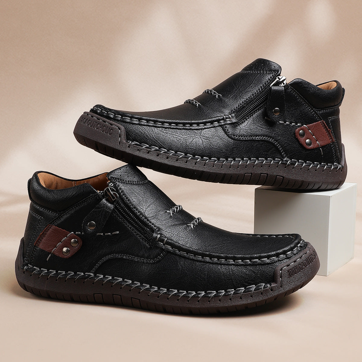⏰Limited Time Sale 70% OFF-Men’s Handmade Premium Leather Slip-On Driving Boots – Wide Toe, Arch Support, Waterproof, Pressure Relief, Non-Slip Sole for Casual, Travel & Outdoor