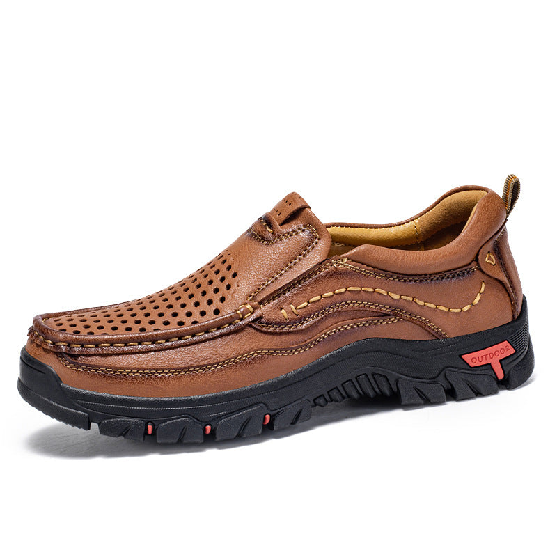 Men’s Handmade Perforated Leather Work & Outdoor Shoes – Arch Support, Wide Toe Box, Easy Slip-On, Rugged Non-Slip Sole