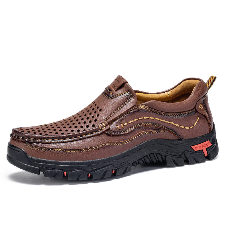 Men’s Handmade Perforated Leather Work & Outdoor Shoes – Arch Support, Wide Toe Box, Easy Slip-On, Rugged Non-Slip Sole