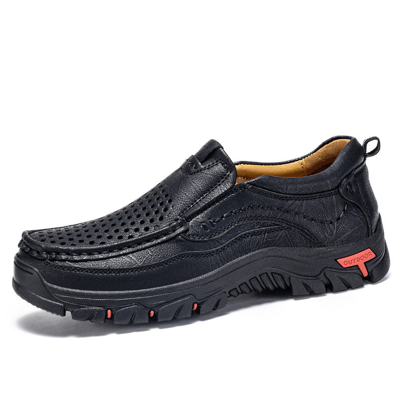 Men’s Handmade Perforated Leather Work & Outdoor Shoes – Arch Support, Wide Toe Box, Easy Slip-On, Rugged Non-Slip Sole