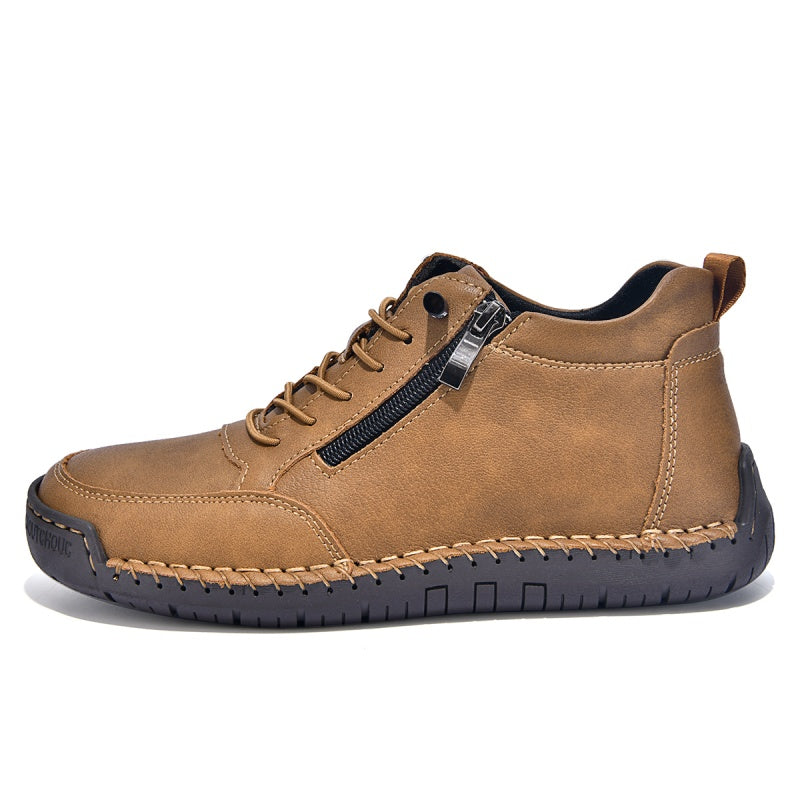 Men’s Handmade Leather Work & Outdoor Shoes – Side Zipper, Arch Support, Wide Fit, Comfortable Non-Slip Sole for All-Day Wear