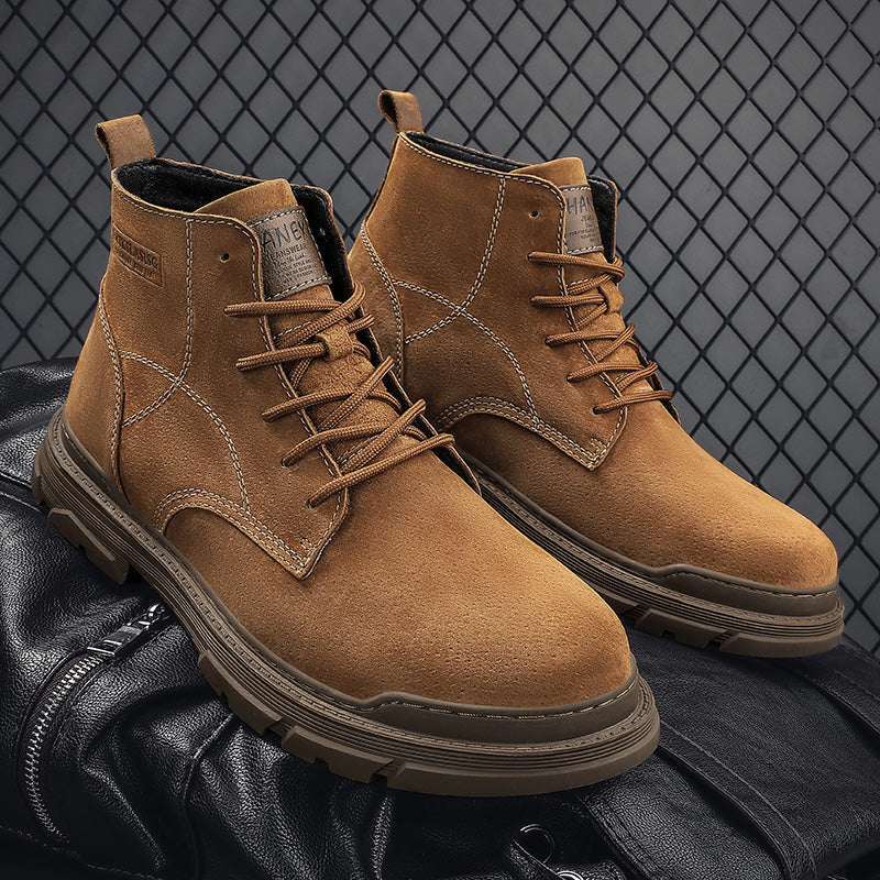Men’s Leather Work Chukka Boots, Hand-Stitched Lace-Up Ankle Boots with Waterproof Lining, Non-Slip/Oil-Resistant Sole, Arch Support