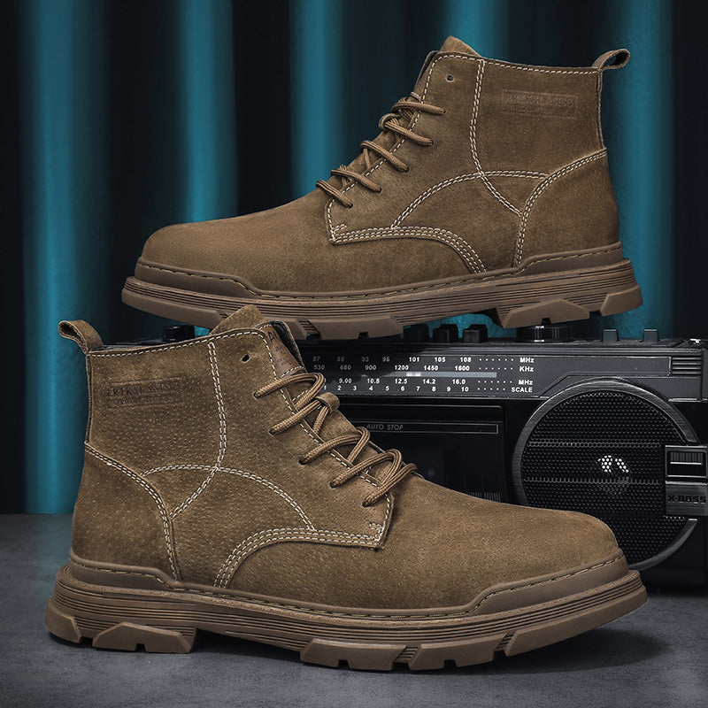 Men’s Leather Work Chukka Boots, Hand-Stitched Lace-Up Ankle Boots with Waterproof Lining, Non-Slip/Oil-Resistant Sole, Arch Support