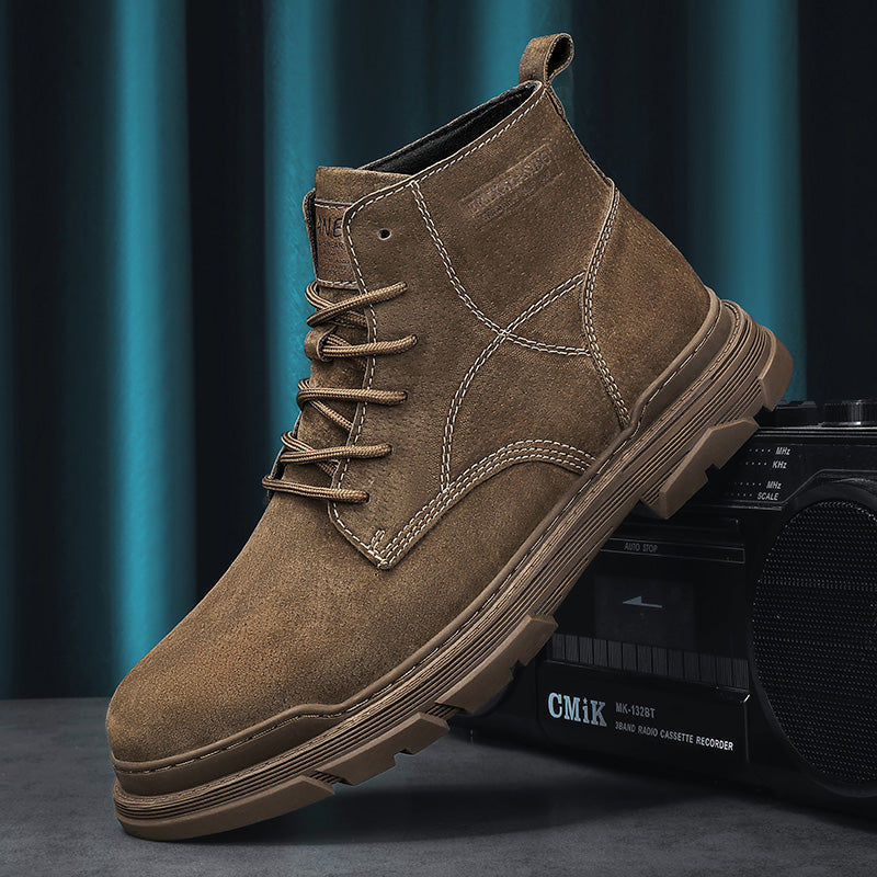 Men’s Leather Work Chukka Boots, Hand-Stitched Lace-Up Ankle Boots with Waterproof Lining, Non-Slip/Oil-Resistant Sole, Arch Support