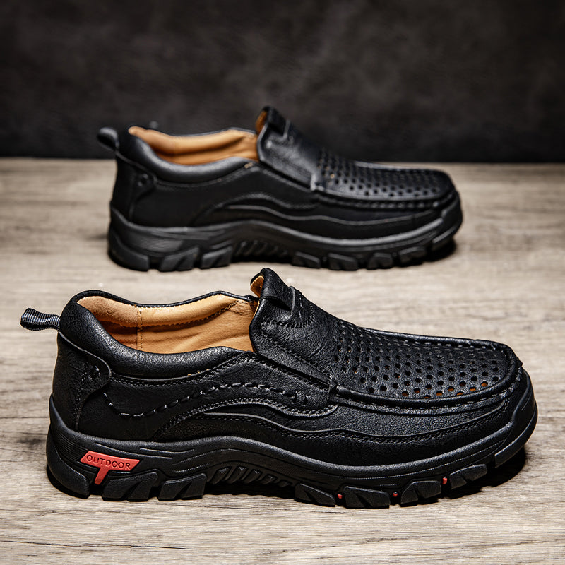 Men’s Handmade Perforated Leather Work & Outdoor Shoes – Arch Support, Wide Toe Box, Easy Slip-On, Rugged Non-Slip Sole