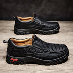 Men’s Handmade Perforated Leather Work & Outdoor Shoes – Arch Support, Wide Toe Box, Easy Slip-On, Rugged Non-Slip Sole