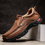Men’s Handmade Perforated Leather Work & Outdoor Shoes – Arch Support, Wide Toe Box, Easy Slip-On, Rugged Non-Slip Sole