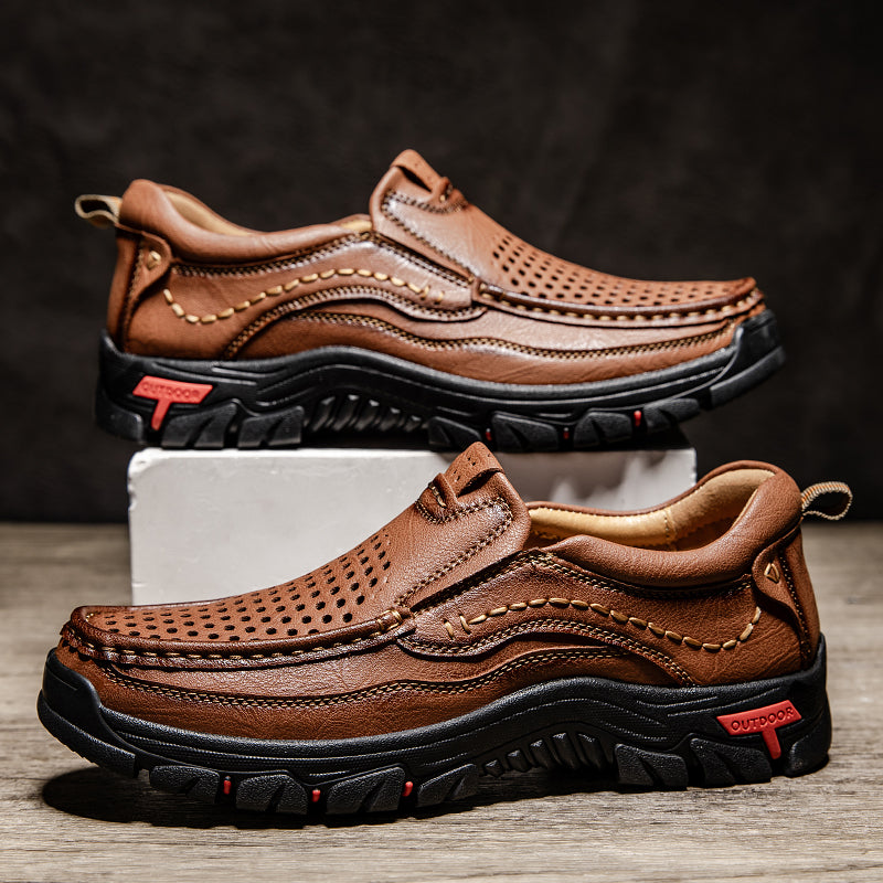 Men’s Handmade Perforated Leather Work & Outdoor Shoes – Arch Support, Wide Toe Box, Easy Slip-On, Rugged Non-Slip Sole