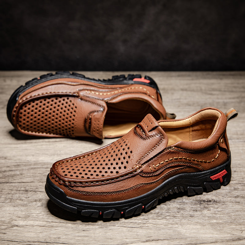 Men’s Handmade Perforated Leather Work & Outdoor Shoes – Arch Support, Wide Toe Box, Easy Slip-On, Rugged Non-Slip Sole