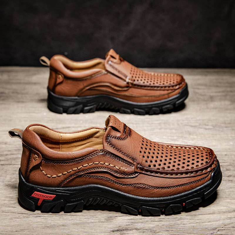 Men’s Handmade Perforated Leather Work & Outdoor Shoes – Arch Support, Wide Toe Box, Easy Slip-On, Rugged Non-Slip Sole