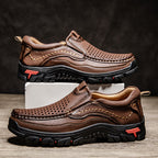 Men’s Handmade Perforated Leather Work & Outdoor Shoes – Arch Support, Wide Toe Box, Easy Slip-On, Rugged Non-Slip Sole