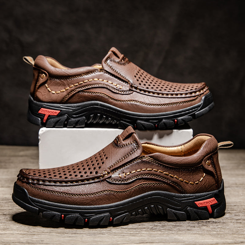 Men’s Handmade Perforated Leather Work & Outdoor Shoes – Arch Support, Wide Toe Box, Easy Slip-On, Rugged Non-Slip Sole