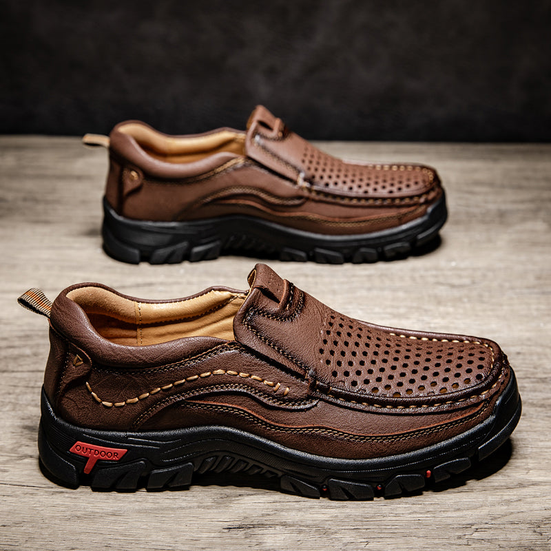 Men’s Handmade Perforated Leather Work & Outdoor Shoes – Arch Support, Wide Toe Box, Easy Slip-On, Rugged Non-Slip Sole