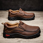 Men’s Handmade Perforated Leather Work & Outdoor Shoes – Arch Support, Wide Toe Box, Easy Slip-On, Rugged Non-Slip Sole