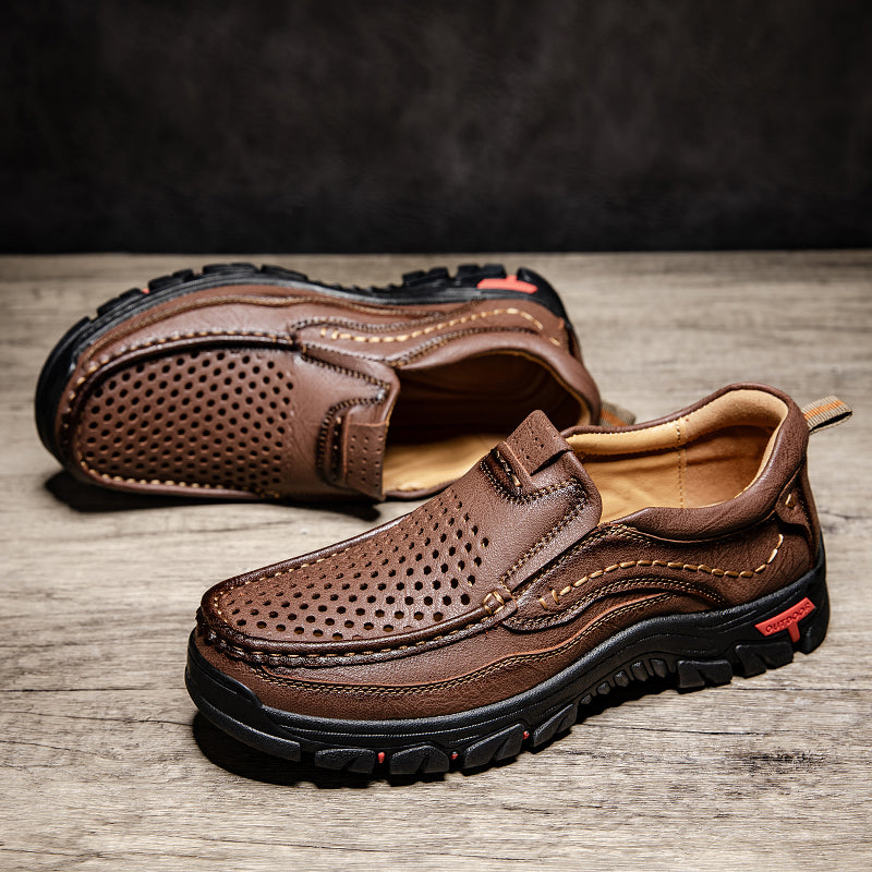 Men’s Handmade Perforated Leather Work & Outdoor Shoes – Arch Support, Wide Toe Box, Easy Slip-On, Rugged Non-Slip Sole