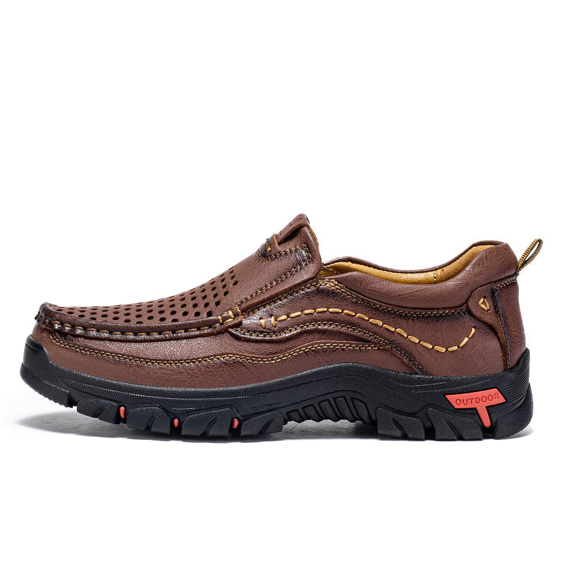 Men’s Handmade Perforated Leather Work & Outdoor Shoes – Arch Support, Wide Toe Box, Easy Slip-On, Rugged Non-Slip Sole