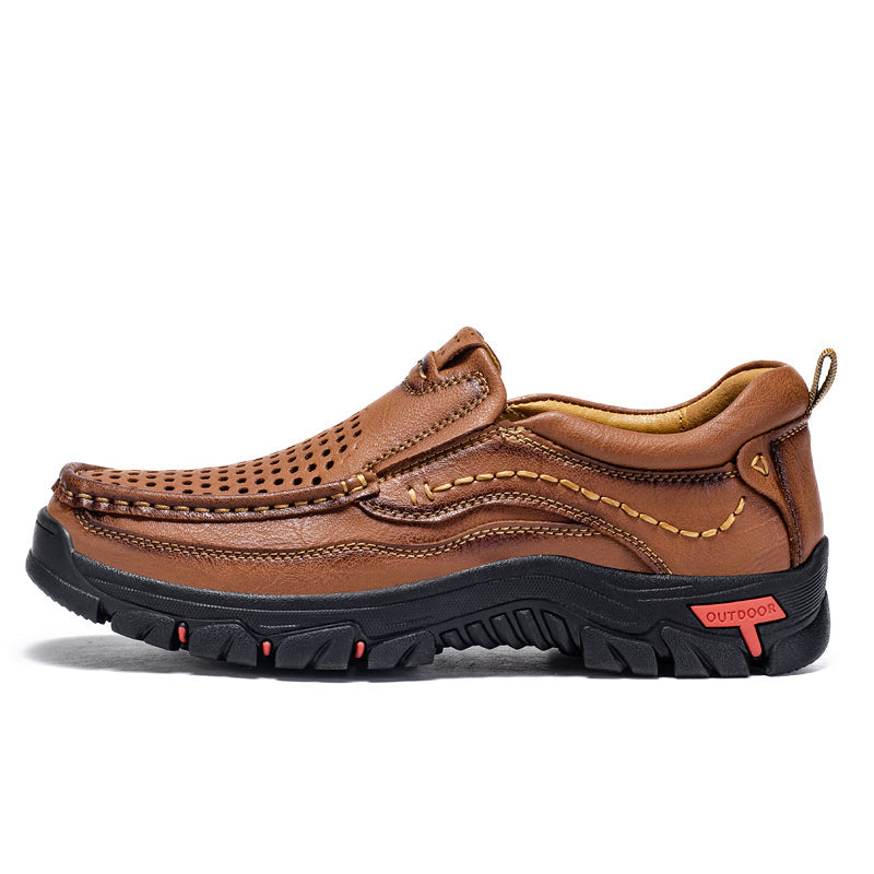 Men’s Handmade Perforated Leather Work & Outdoor Shoes – Arch Support, Wide Toe Box, Easy Slip-On, Rugged Non-Slip Sole