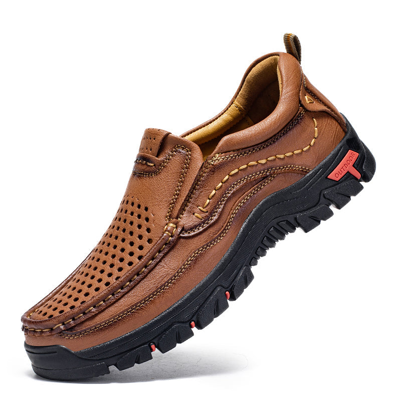 Men’s Handmade Perforated Leather Work & Outdoor Shoes – Arch Support, Wide Toe Box, Easy Slip-On, Rugged Non-Slip Sole