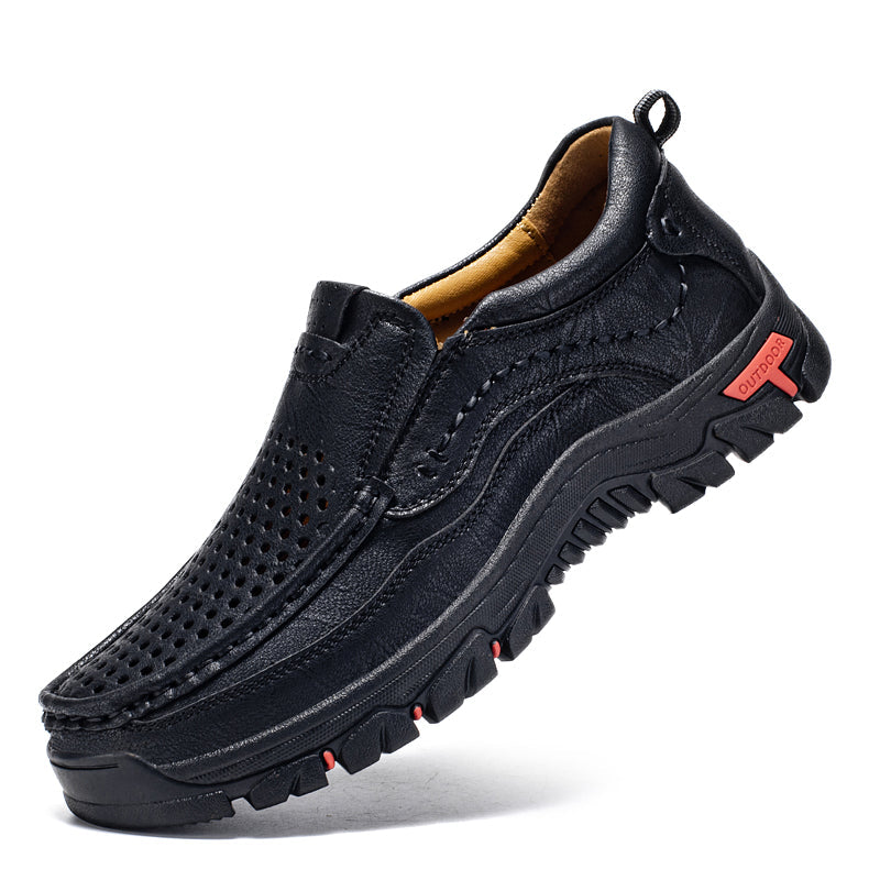Men’s Handmade Perforated Leather Work & Outdoor Shoes – Arch Support, Wide Toe Box, Easy Slip-On, Rugged Non-Slip Sole