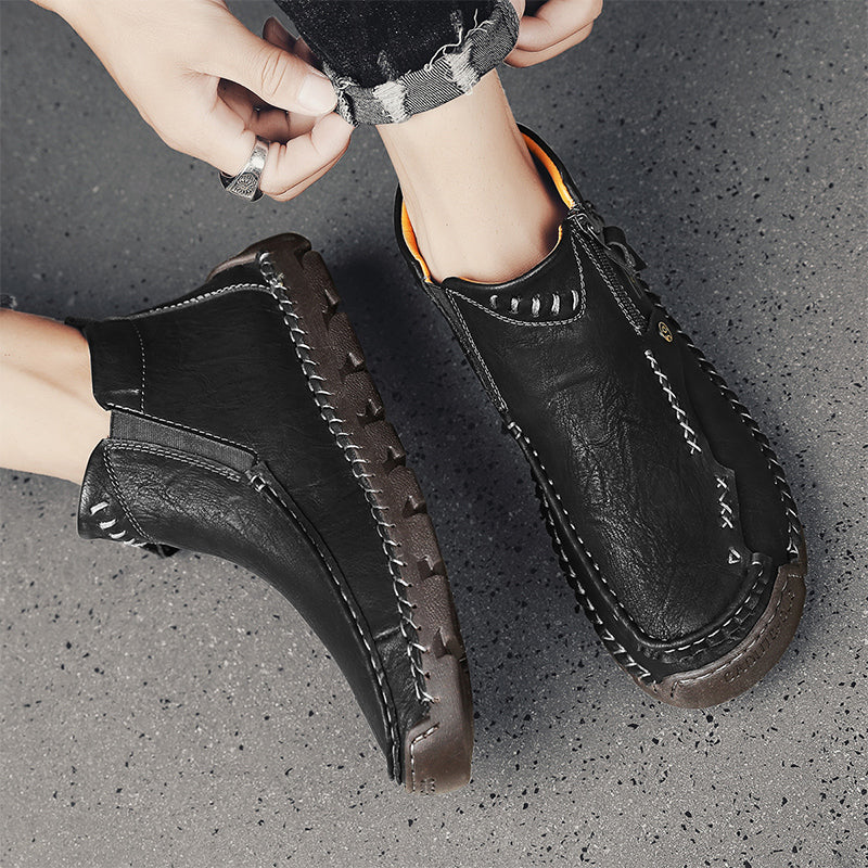 Men's Top-Quality Motorcycle Boots Hand-Stitched Genuine Leather Boots-Wide Toe, Waterproof, Anti-Slip, Anti-Sprain, Suitable for Work, Driving, Hiking