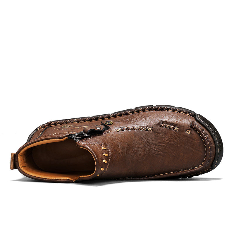 Men's Top-Quality Motorcycle Boots Hand-Stitched Genuine Leather Boots-Wide Toe, Waterproof, Anti-Slip, Anti-Sprain, Suitable for Work, Driving, Hiking