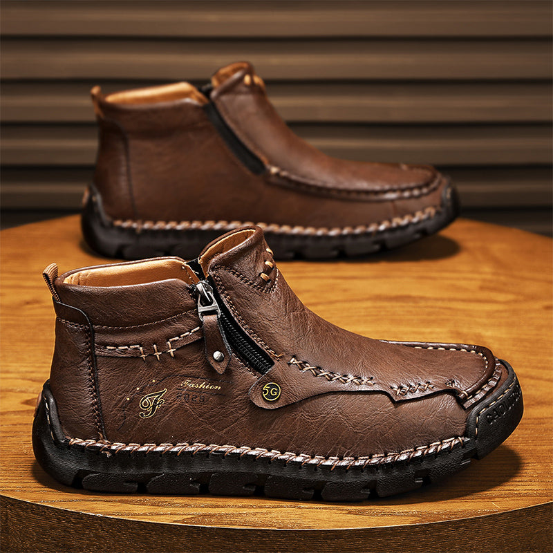 Men's Top-Quality Motorcycle Boots Hand-Stitched Genuine Leather Boots-Wide Toe, Waterproof, Anti-Slip, Anti-Sprain, Suitable for Work, Driving, Hiking