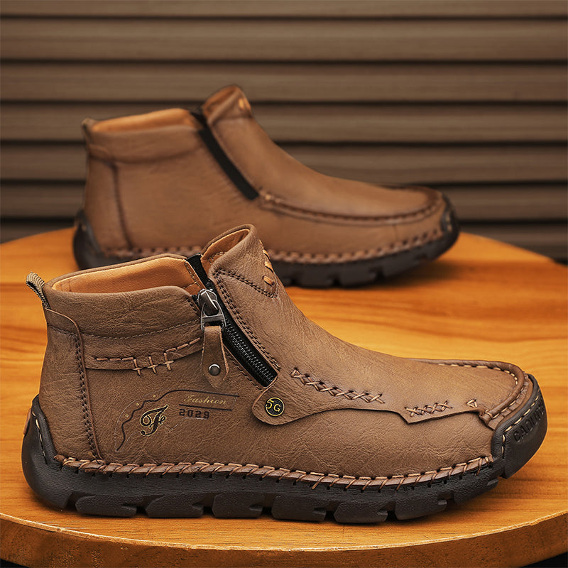 Men's Top-Quality Motorcycle Boots Hand-Stitched Genuine Leather Boots-Wide Toe, Waterproof, Anti-Slip, Anti-Sprain, Suitable for Work, Driving, Hiking