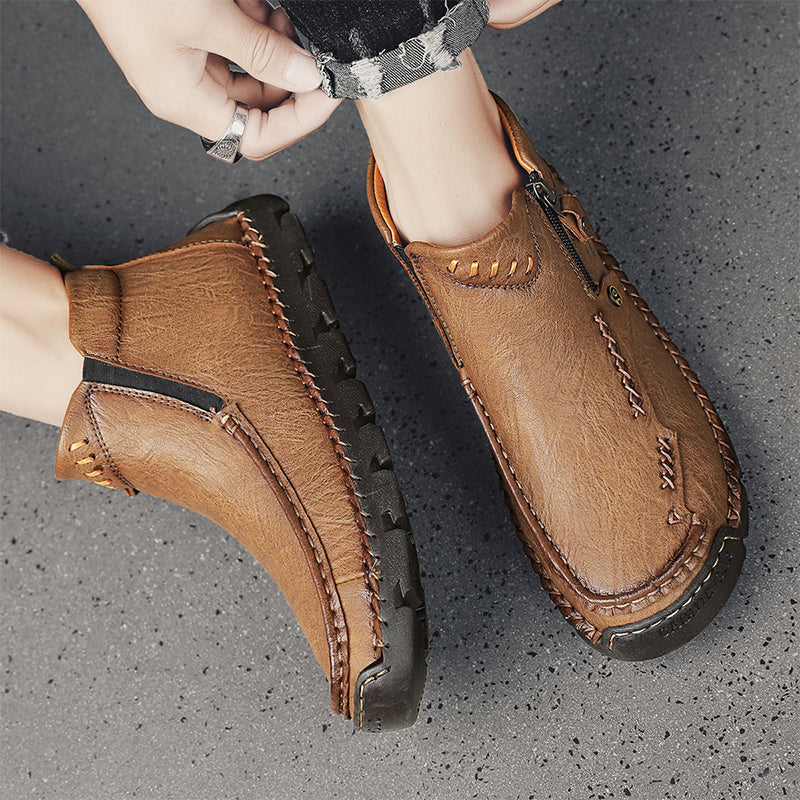 Men's Top-Quality Motorcycle Boots Hand-Stitched Genuine Leather Boots-Wide Toe, Waterproof, Anti-Slip, Anti-Sprain, Suitable for Work, Driving, Hiking