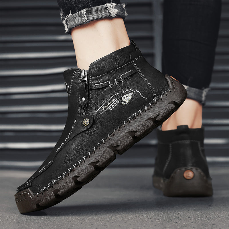 Men's Top-Quality Motorcycle Boots Hand-Stitched Genuine Leather Boots-Wide Toe, Waterproof, Anti-Slip, Anti-Sprain, Suitable for Work, Driving, Hiking