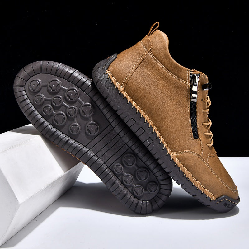 Men’s Handmade Leather Work & Outdoor Shoes – Side Zipper, Arch Support, Wide Fit, Comfortable Non-Slip Sole for All-Day Wear