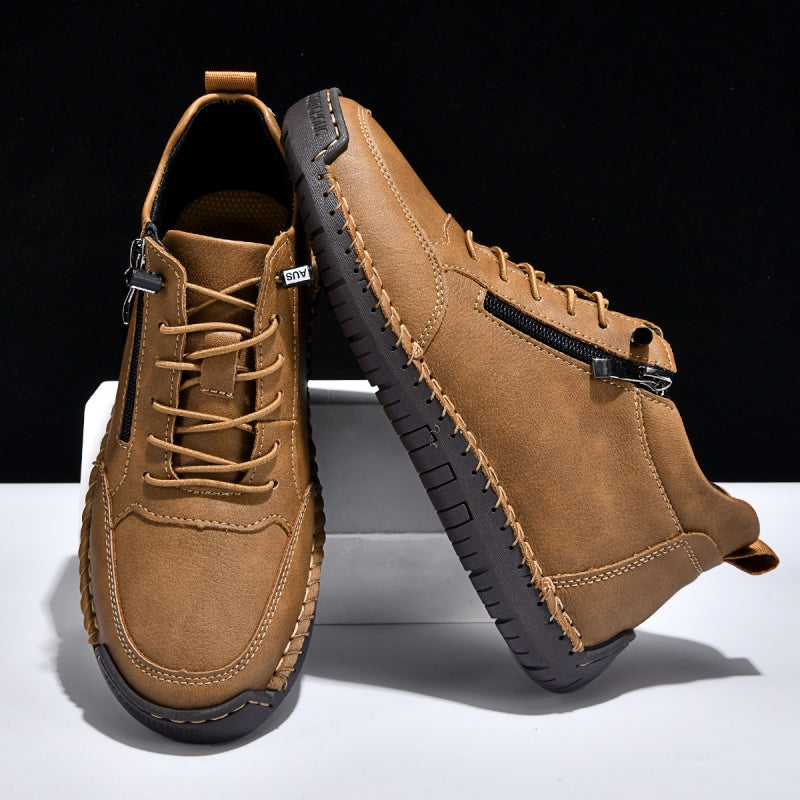 Men’s Handmade Leather Work & Outdoor Shoes – Side Zipper, Arch Support, Wide Fit, Comfortable Non-Slip Sole for All-Day Wear