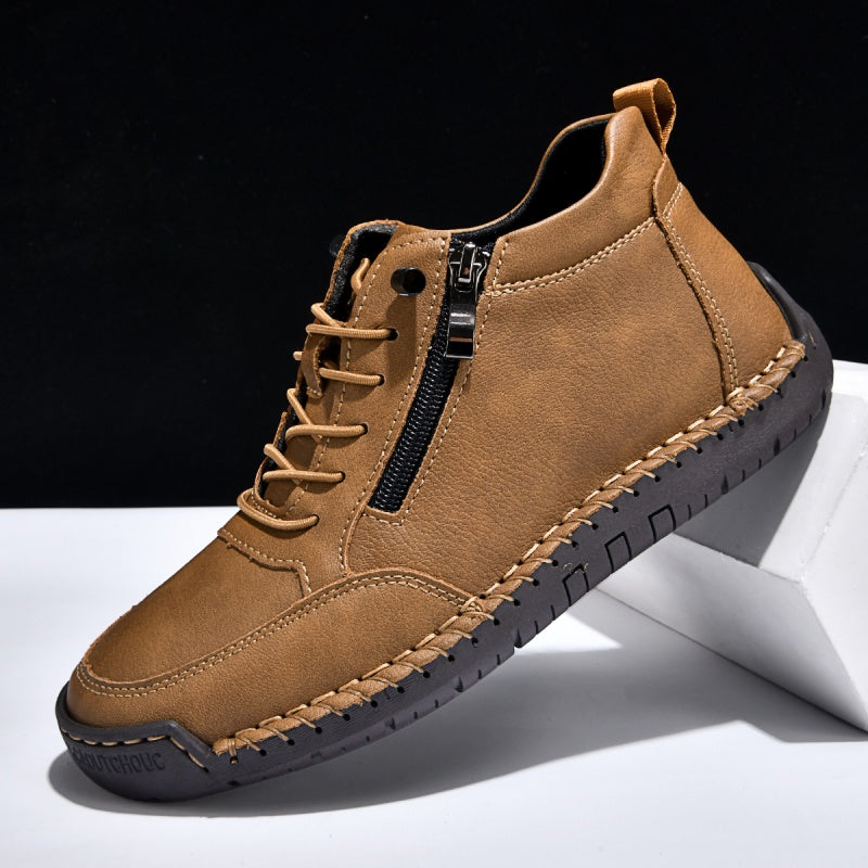 Men’s Handmade Leather Work & Outdoor Shoes – Side Zipper, Arch Support, Wide Fit, Comfortable Non-Slip Sole for All-Day Wear