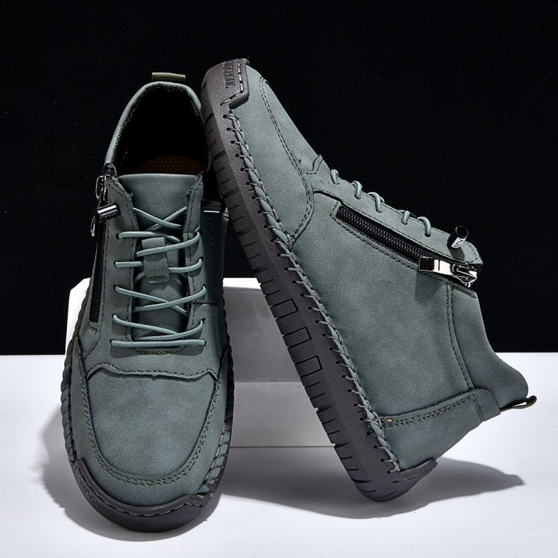 Men’s Handmade Leather Work & Outdoor Shoes – Side Zipper, Arch Support, Wide Fit, Comfortable Non-Slip Sole for All-Day Wear