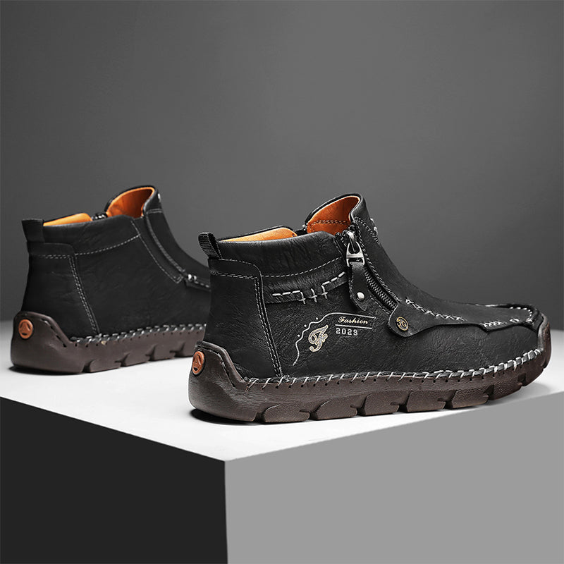 Men's Top-Quality Motorcycle Boots Hand-Stitched Genuine Leather Boots-Wide Toe, Waterproof, Anti-Slip, Anti-Sprain, Suitable for Work, Driving, Hiking