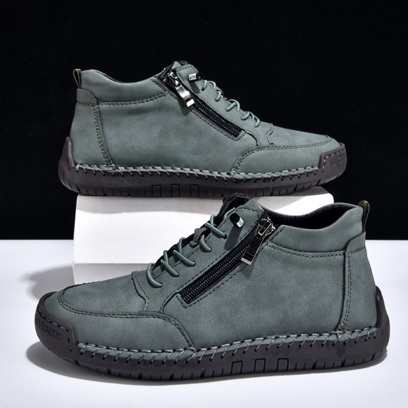 Men’s Handmade Leather Work & Outdoor Shoes – Side Zipper, Arch Support, Wide Fit, Comfortable Non-Slip Sole for All-Day Wear