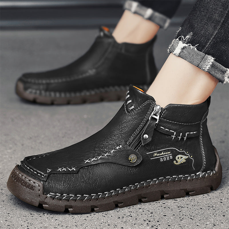 Men's Top-Quality Motorcycle Boots Hand-Stitched Genuine Leather Boots-Wide Toe, Waterproof, Anti-Slip, Anti-Sprain, Suitable for Work, Driving, Hiking