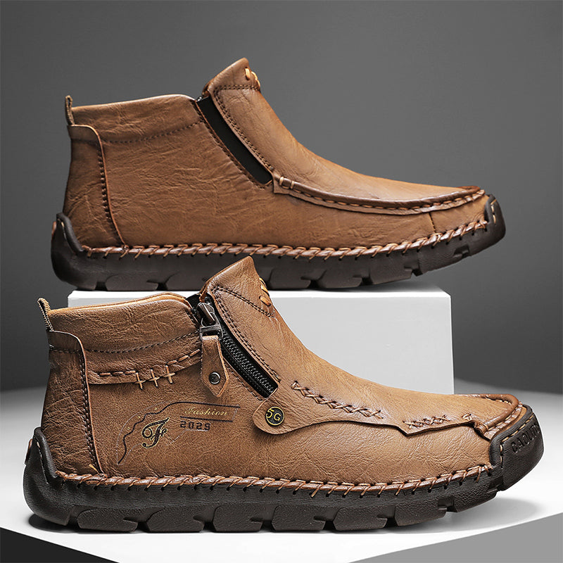 Men's Top-Quality Motorcycle Boots Hand-Stitched Genuine Leather Boots-Wide Toe, Waterproof, Anti-Slip, Anti-Sprain, Suitable for Work, Driving, Hiking