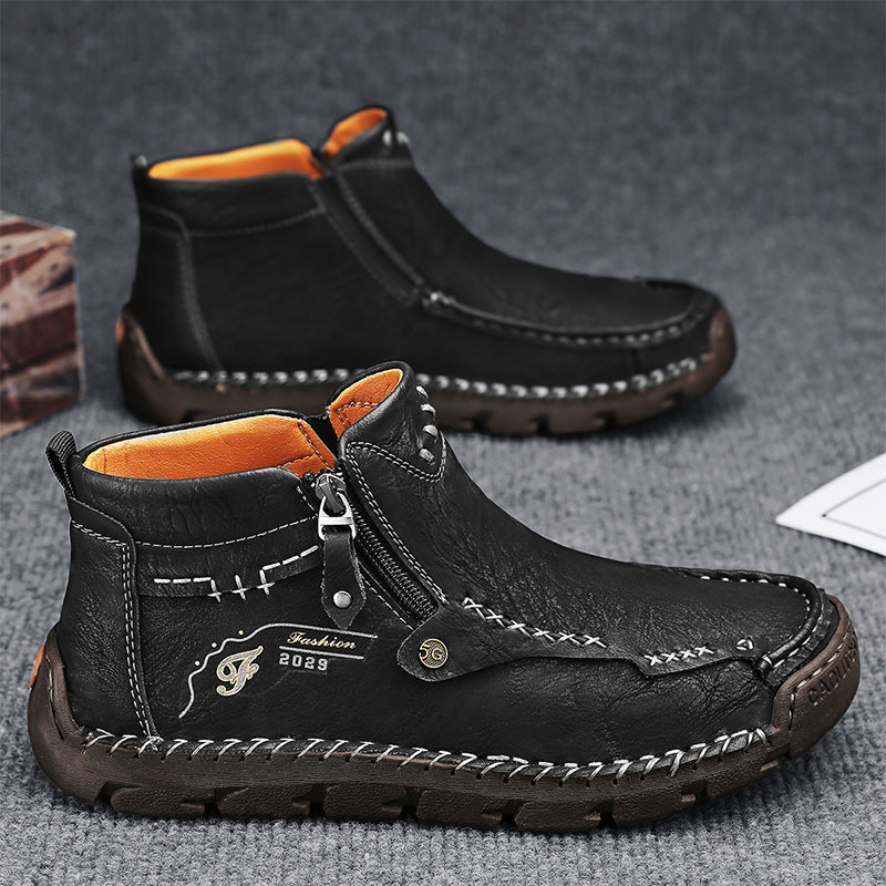 Men's Top-Quality Motorcycle Boots Hand-Stitched Genuine Leather Boots-Wide Toe, Waterproof, Anti-Slip, Anti-Sprain, Suitable for Work, Driving, Hiking