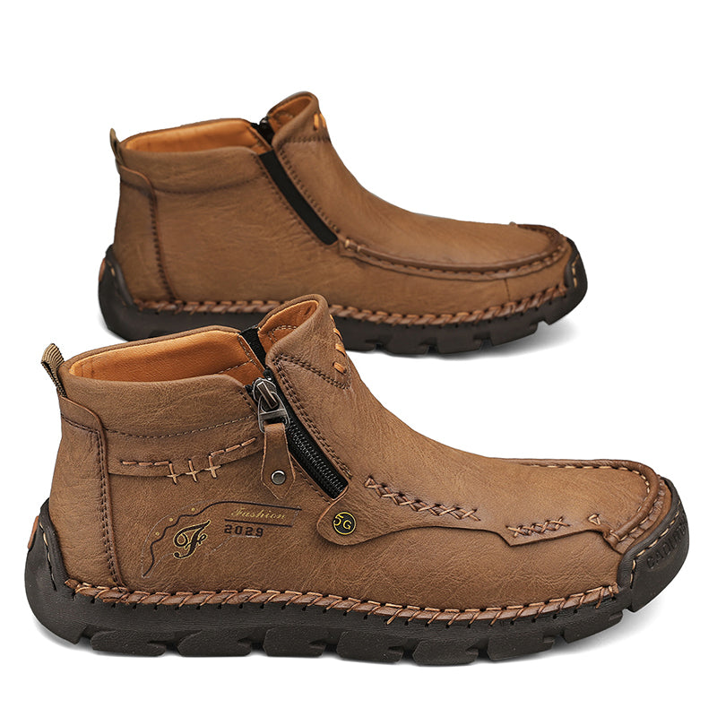 Men's Top-Quality Motorcycle Boots Hand-Stitched Genuine Leather Boots-Wide Toe, Waterproof, Anti-Slip, Anti-Sprain, Suitable for Work, Driving, Hiking