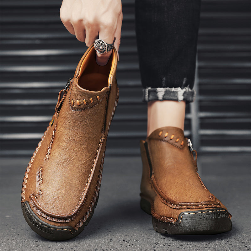 Men's Top-Quality Motorcycle Boots Hand-Stitched Genuine Leather Boots-Wide Toe, Waterproof, Anti-Slip, Anti-Sprain, Suitable for Work, Driving, Hiking