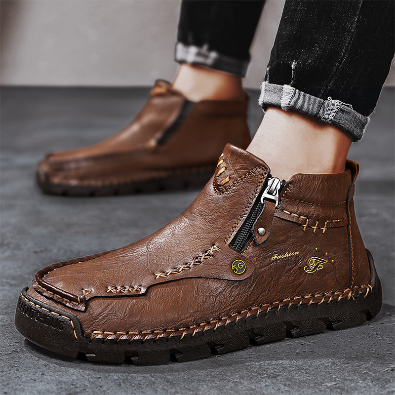 Men's Top-Quality Motorcycle Boots Hand-Stitched Genuine Leather Boots-Wide Toe, Waterproof, Anti-Slip, Anti-Sprain, Suitable for Work, Driving, Hiking