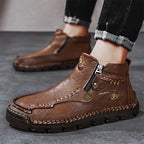 Men's Top-Quality Motorcycle Boots Hand-Stitched Genuine Leather Boots-Wide Toe, Waterproof, Anti-Slip, Anti-Sprain, Suitable for Work, Driving, Hiking