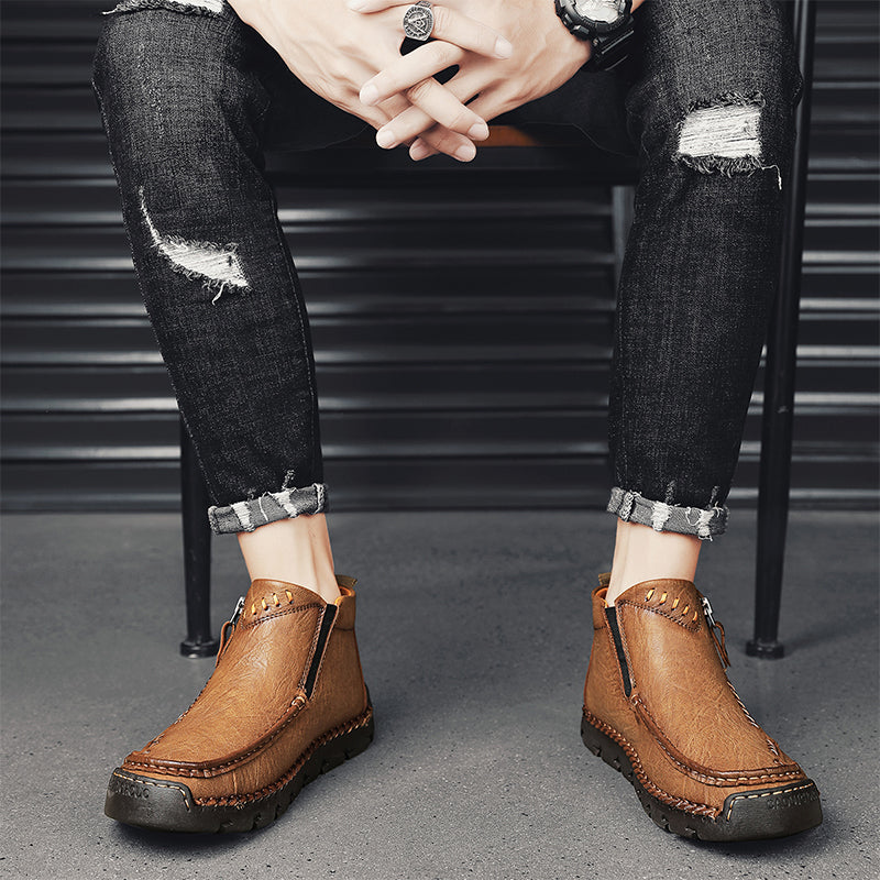 Men's Top-Quality Motorcycle Boots Hand-Stitched Genuine Leather Boots-Wide Toe, Waterproof, Anti-Slip, Anti-Sprain, Suitable for Work, Driving, Hiking