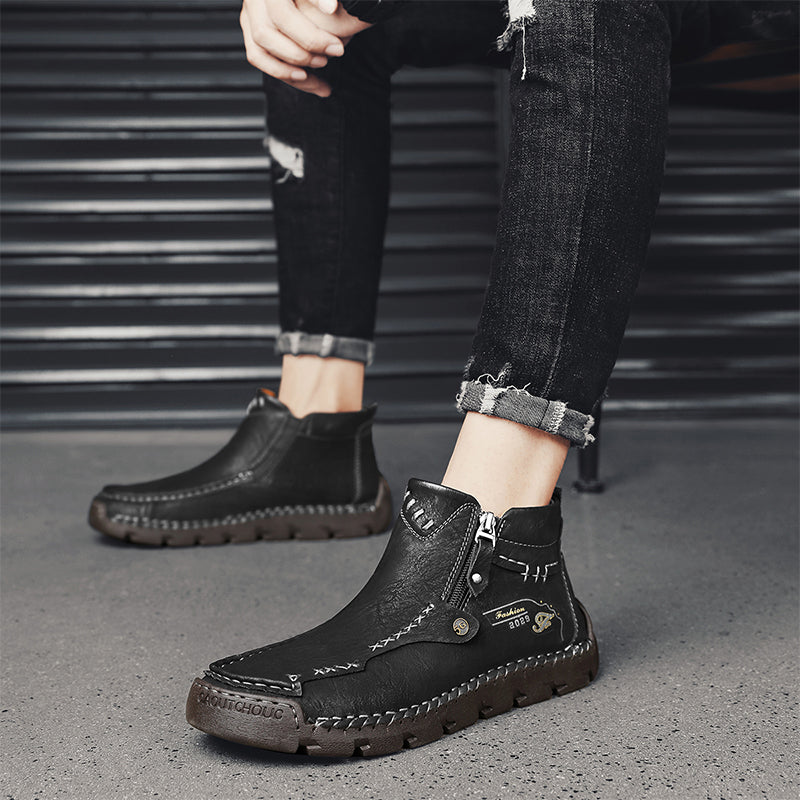 Men's Top-Quality Motorcycle Boots Hand-Stitched Genuine Leather Boots-Wide Toe, Waterproof, Anti-Slip, Anti-Sprain, Suitable for Work, Driving, Hiking