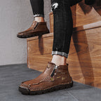 Men's Top-Quality Motorcycle Boots Hand-Stitched Genuine Leather Boots-Wide Toe, Waterproof, Anti-Slip, Anti-Sprain, Suitable for Work, Driving, Hiking