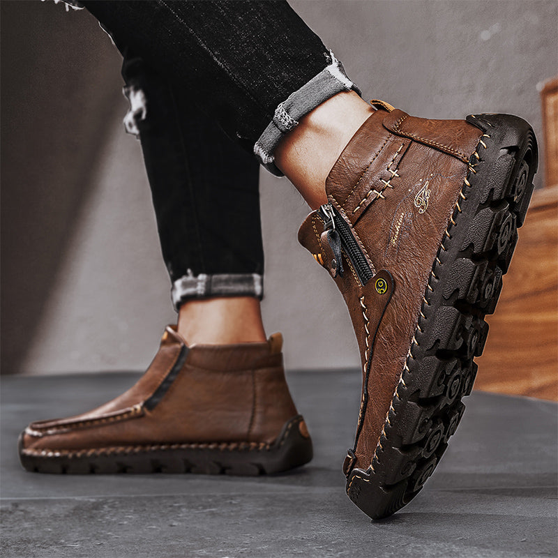 Men's Top-Quality Motorcycle Boots Hand-Stitched Genuine Leather Boots-Wide Toe, Waterproof, Anti-Slip, Anti-Sprain, Suitable for Work, Driving, Hiking