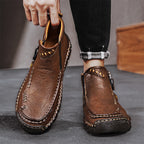 Men's Top-Quality Motorcycle Boots Hand-Stitched Genuine Leather Boots-Wide Toe, Waterproof, Anti-Slip, Anti-Sprain, Suitable for Work, Driving, Hiking